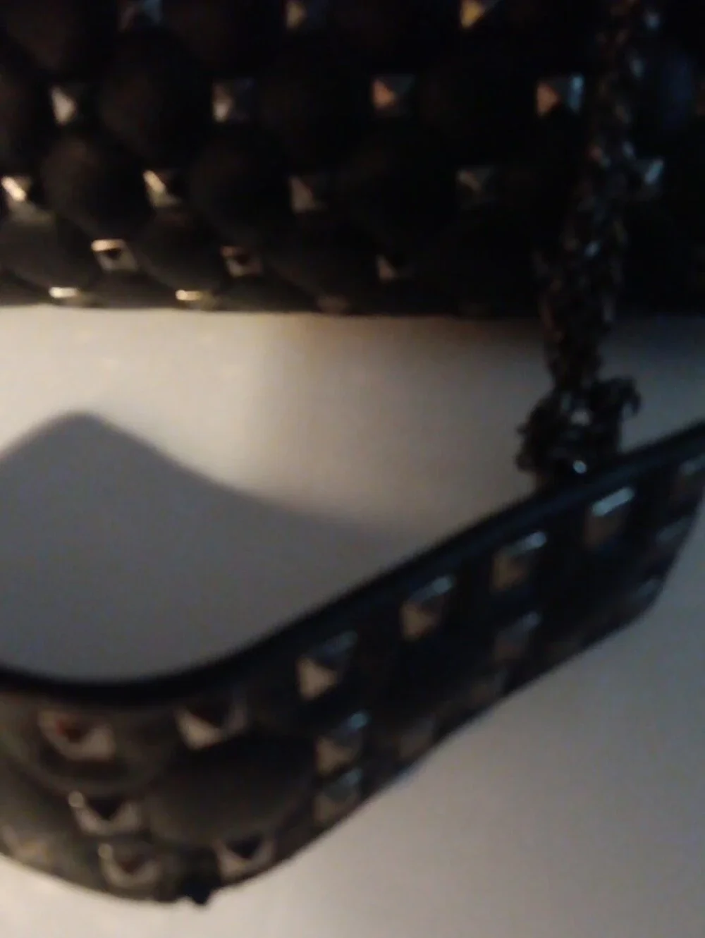 Black Quilted Tote with Pewter Pyramid Studs and Chain Straps By Inzi